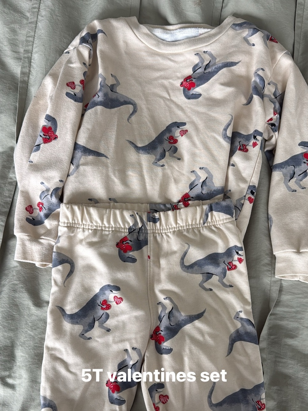 Kids Cream Dino Valentine Pajama Set with Red Heart Details